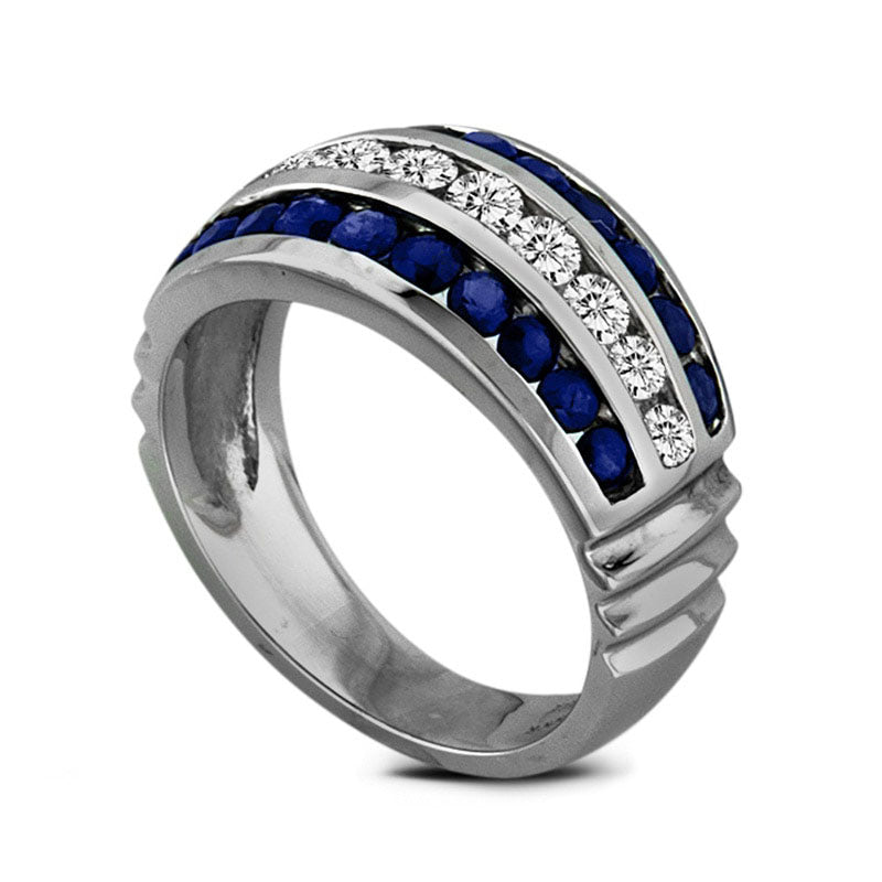 Blue Sapphire and 0.50 CT. T.W. Natural Diamond Three Row Band in Solid 14K White Gold