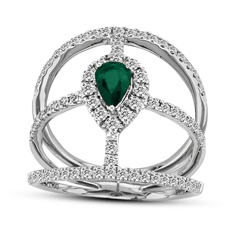 Pear-Shaped Emerald and 0.75 CT. T.W. Natural Diamond Split Shank Orbit Ring in Solid 18K White Gold