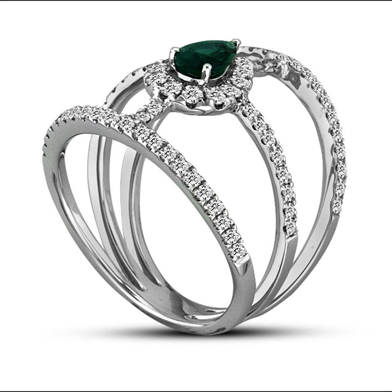 Pear-Shaped Emerald and 0.75 CT. T.W. Natural Diamond Split Shank Orbit Ring in Solid 18K White Gold