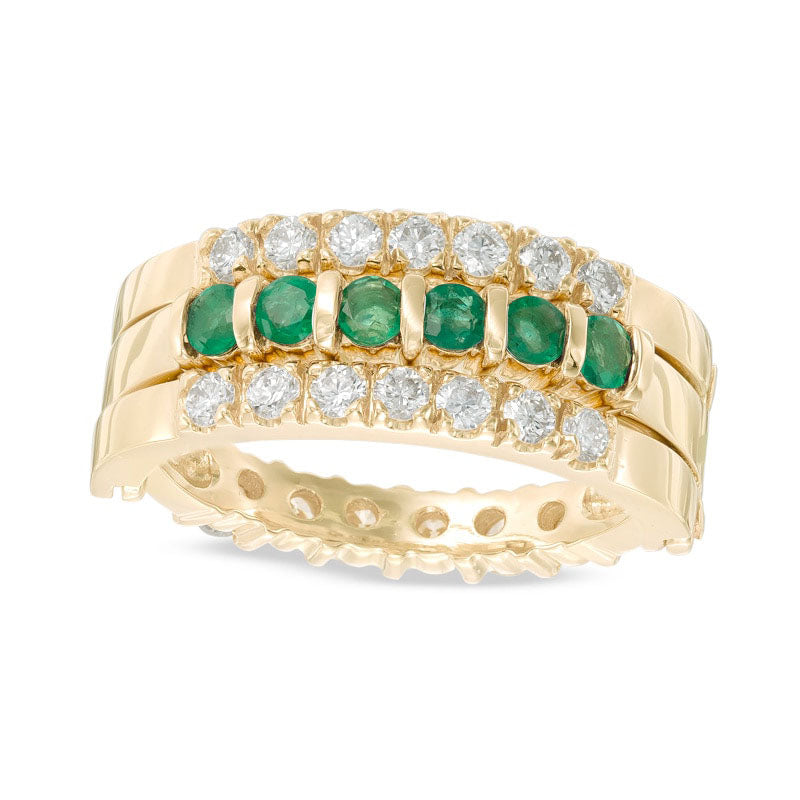 Emerald and 0.63 CT. T.W. Natural Diamond Three Row Reversible Band in Solid 14K Gold