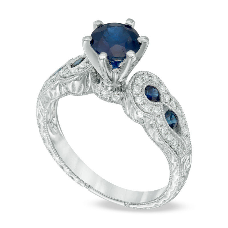 6.0mm Blue Sapphire and 0.25 CT. T.W. Natural Diamond Engagement Ring in Solid 14K White Gold
