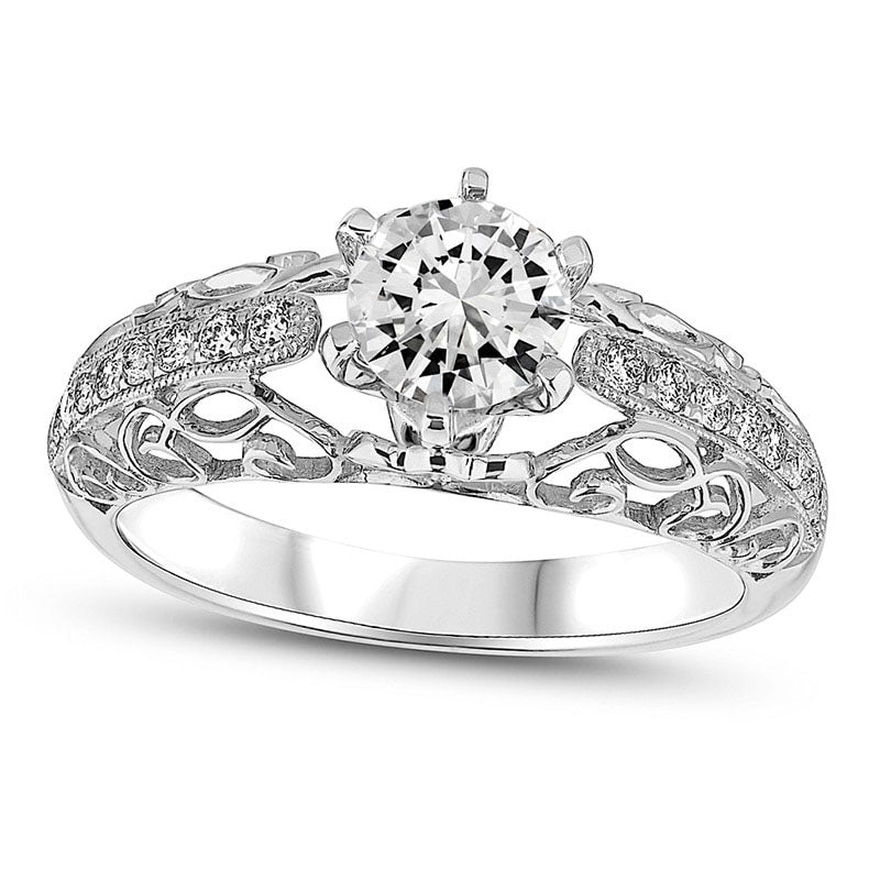 0.88 CT. T.W. Natural Diamond Scroll Antique Vintage-Style Engagement Ring in Solid 14K White Gold