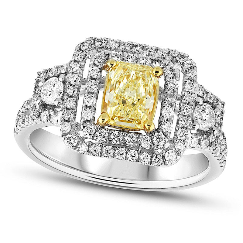 1.25 CT. T.W. Radiant-Cut Fancy Yellow and White Natural Diamond Double Frame Engagement Ring in Solid 18K White Gold (SI2)
