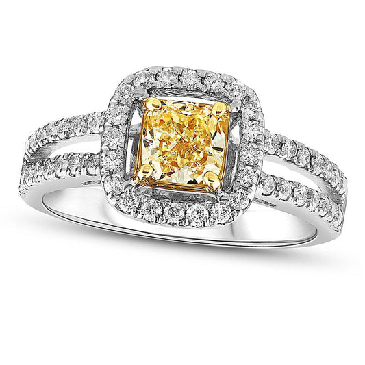 1.20 CT. T.W. Cushion-Cut Fancy Yellow and White Natural Diamond Frame Engagement Ring in Solid 18K White Gold (SI2)