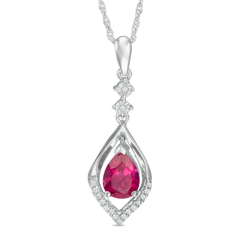 Pear-Shaped Lab-Created Ruby and Diamond Accent Flame Drop Pendant in Sterling Silver