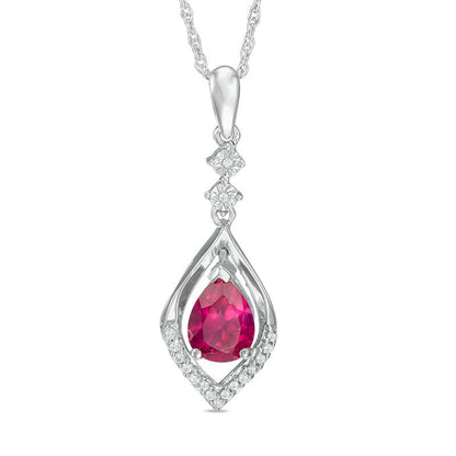 Pear-Shaped Lab-Created Ruby and Diamond Accent Flame Drop Pendant in Sterling Silver