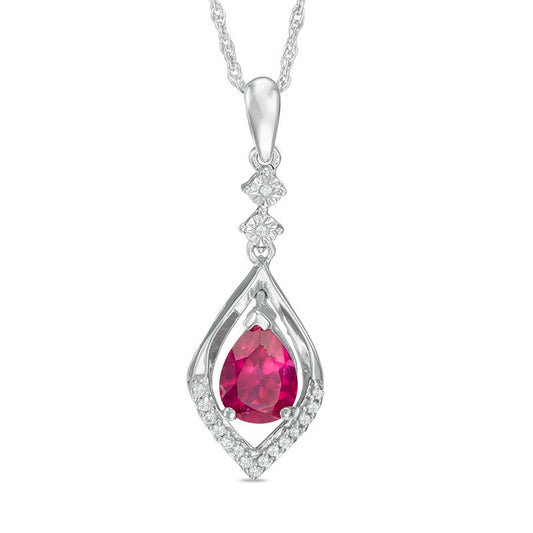 Pear-Shaped Lab-Created Ruby and Diamond Accent Flame Drop Pendant in Sterling Silver