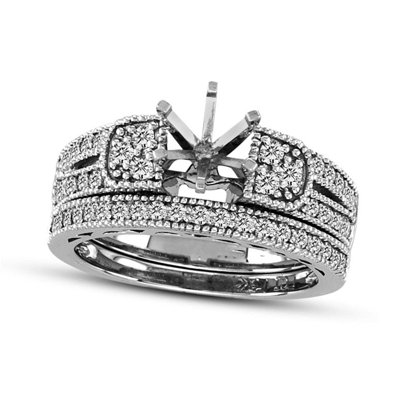 0.50 CT. T.W. Natural Diamond Antique Vintage-Style Semi-Mount Bridal Engagement Ring Set in Solid 14K White Gold