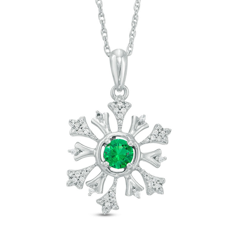 4.5mm Lab-Created Emerald and 0.1 CT. T.W. Diamond Snowflake Pendant in Sterling Silver
