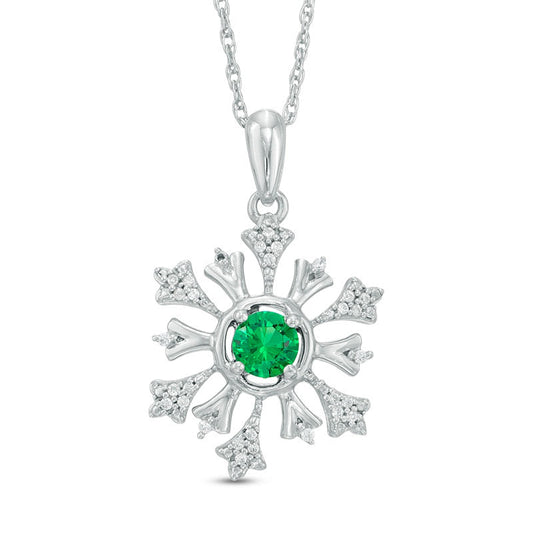 4.5mm Lab-Created Emerald and 0.1 CT. T.W. Diamond Snowflake Pendant in Sterling Silver