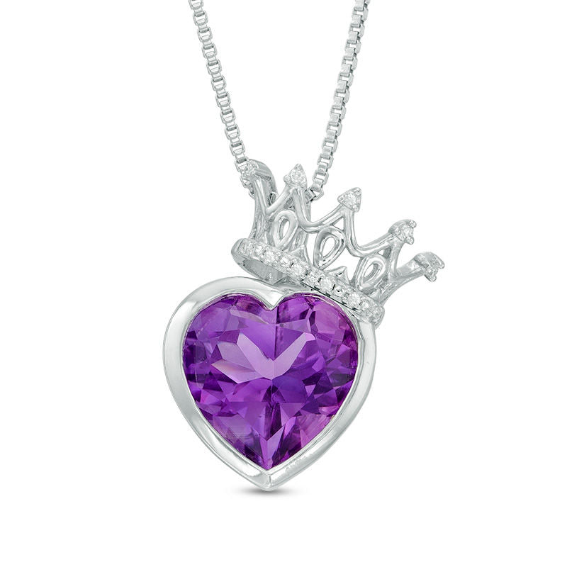 10.0mm Heart-Shaped Amethyst and Natural Diamond Accent Crown Pendant in Sterling Silver