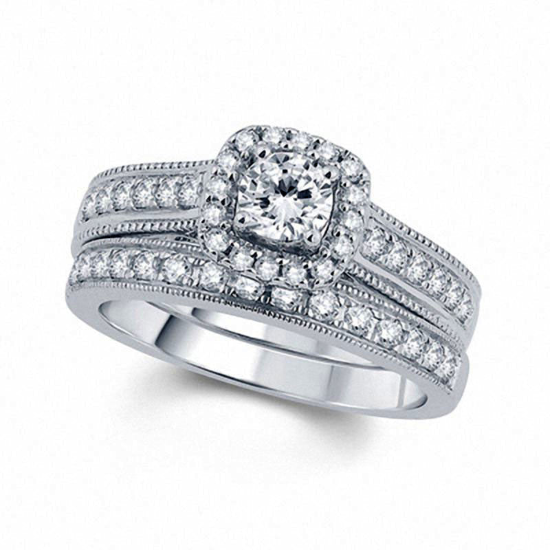 0.88 CT. T.W. Natural Diamond Cushion Frame Antique Vintage-Style Bridal Engagement Ring Set in Solid 14K White Gold