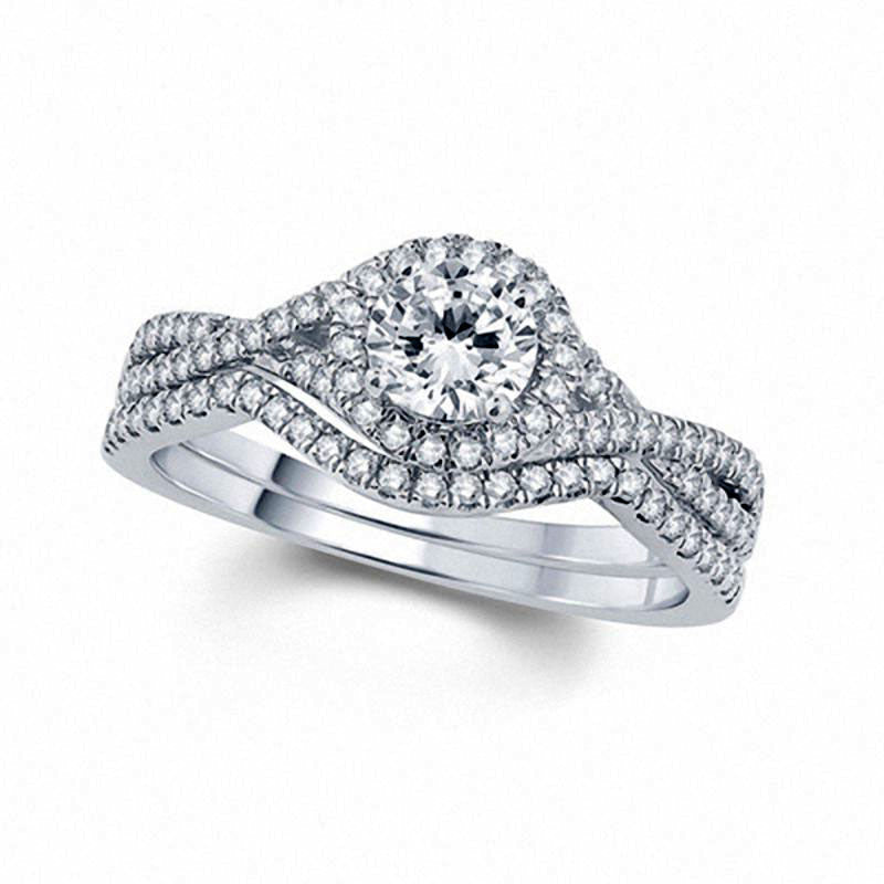 1.0 CT. T.W. Natural Diamond Frame Twist Bridal Engagement Ring Set in Solid 14K White Gold