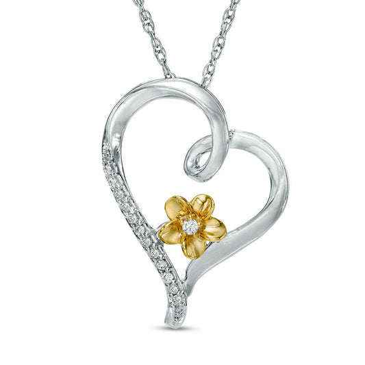 0.07 CT. T.W. Natural Diamond Tilted Heart Flower Pendant in Sterling Silver and 10K Yellow Gold