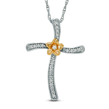 0.17 CT. T.W. Natural Diamond Curved Cross Flower Pendant in Sterling Silver and 10K Yellow Gold