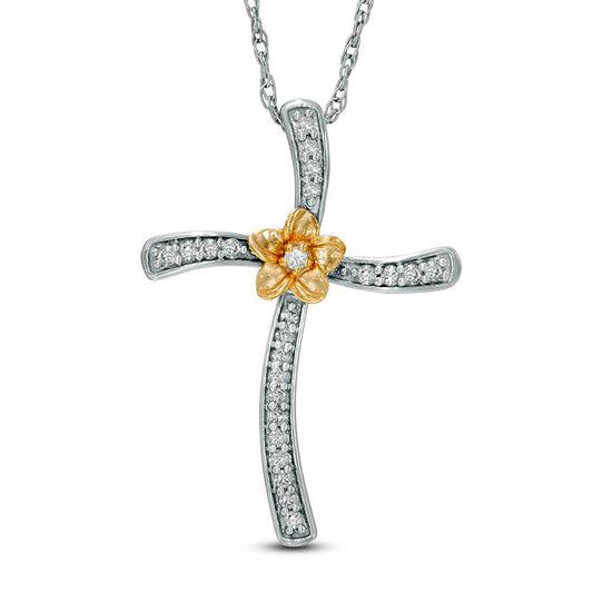 0.17 CT. T.W. Natural Diamond Curved Cross Flower Pendant in Sterling Silver and 10K Yellow Gold