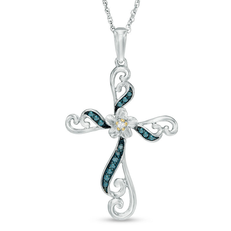 0.1 CT. T.W. Enhanced Blue and White Natural Diamond Cross Flower Pendant in Sterling Silver and 10K Yellow Gold