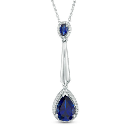 Pear-Shaped Lab-Created Blue Sapphire and 0.1 CT. T.W. Diamond Frame Drop Pendant in Sterling Silver