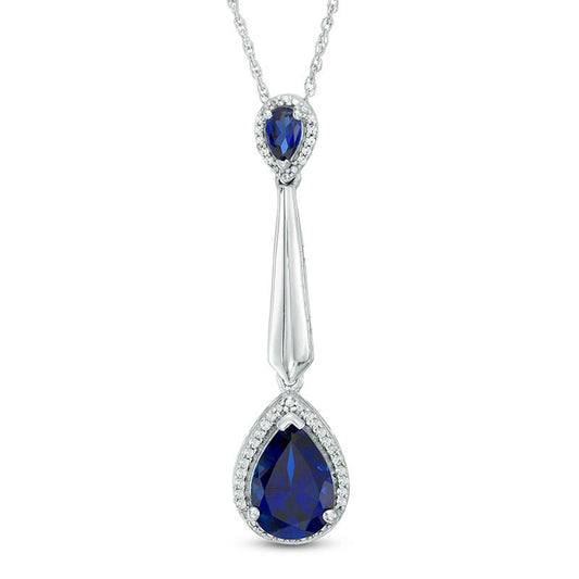 Pear-Shaped Lab-Created Blue Sapphire and 0.1 CT. T.W. Diamond Frame Drop Pendant in Sterling Silver