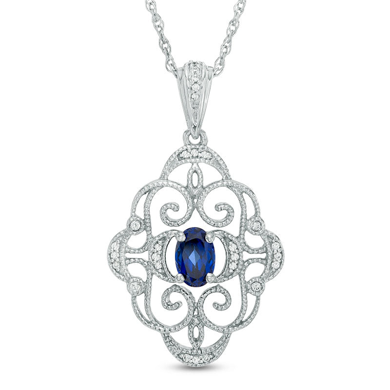 Oval Lab-Created Blue Sapphire and Diamond Accent Antique Vintage-Style Scroll Pendant in Sterling Silver