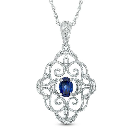 Oval Lab-Created Blue Sapphire and Diamond Accent Antique Vintage-Style Scroll Pendant in Sterling Silver