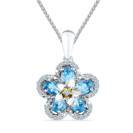 Oval Blue Topaz and 0.1 CT. T.W. Natural Diamond Flower Pendant in Sterling Silver and 10K Yellow Gold