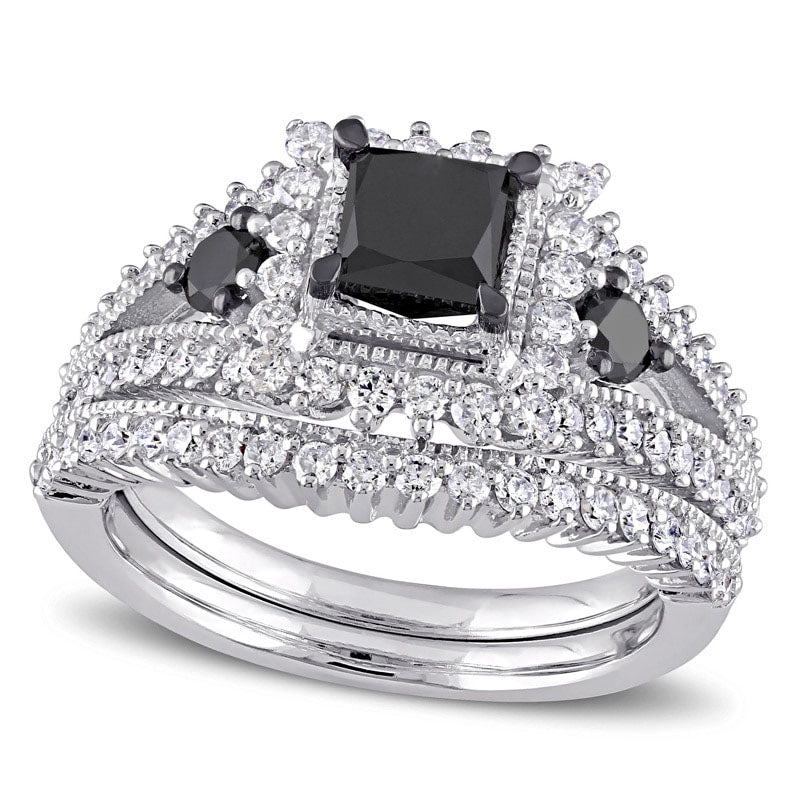 2.0 CT. T.W. Princess-Cut Enhanced Black and White Natural Diamond Milgrain Split Shank Bridal Engagement Ring Set in Solid 10K White Gold