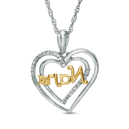 0.07 CT. T.W. Natural Diamond Nana" Double Heart Pendant in Sterling Silver and 10K Yellow Gold"