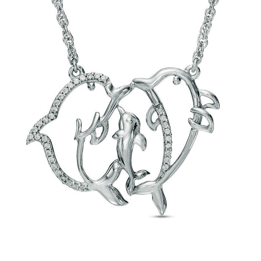 0.1 CT. T.W. Natural Diamond Dolphin Family Necklace in Sterling Silver - 17"