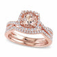 6.5mm Morganite and 0.75 CT. T.W. Natural Diamond Square Frame Bridal Engagement Ring Set in Solid 14K Rose Gold