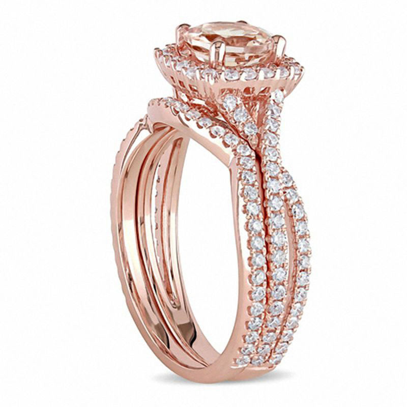 6.5mm Morganite and 0.75 CT. T.W. Natural Diamond Square Frame Bridal Engagement Ring Set in Solid 14K Rose Gold