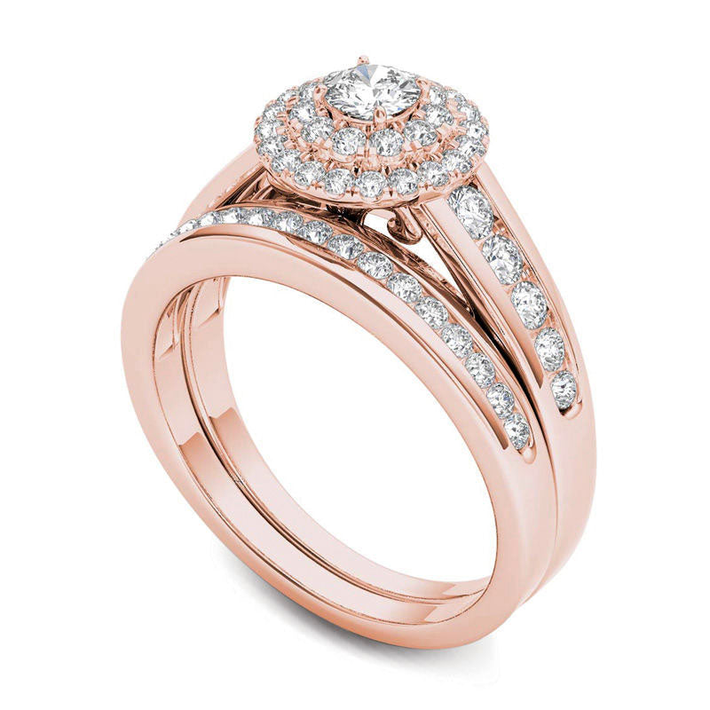 1.0 CT. T.W. Natural Diamond Double Frame Bridal Engagement Ring Set in Solid 14K Rose Gold