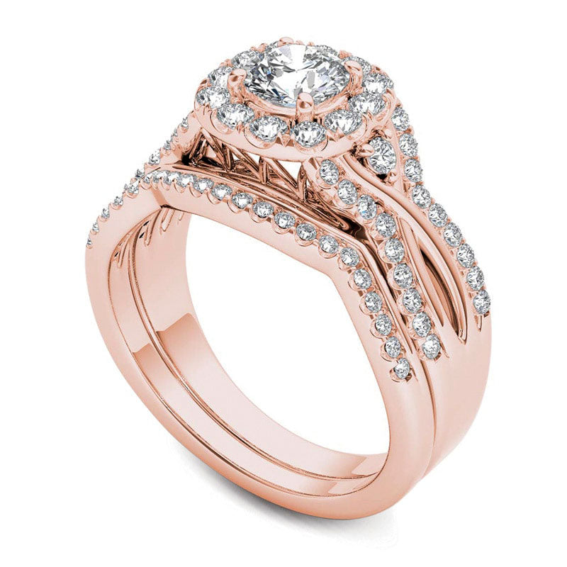 1.25 CT. T.W. Natural Diamond Twist Shank Frame Bridal Engagement Ring Set in Solid 14K Rose Gold