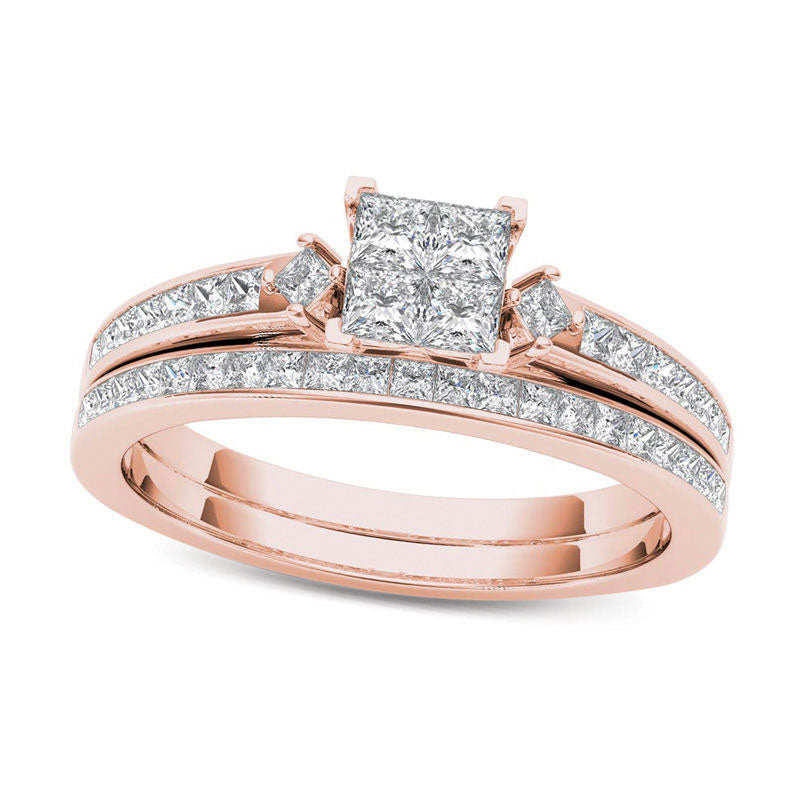 1.0 CT. T.W. Quad Princess-Cut Natural Diamond Bridal Engagement Ring Set in Solid 14K Rose Gold