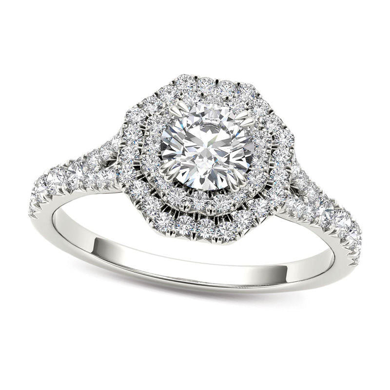 1.0 CT. T.W. Natural Diamond Double Octagonal Frame Engagement Ring in Solid 14K White Gold