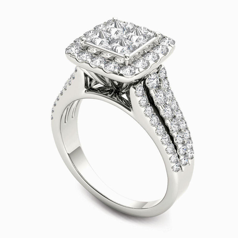 2.0 CT. T.W. Quad Princess-Cut Natural Diamond Frame Engagement Ring in Solid 14K White Gold