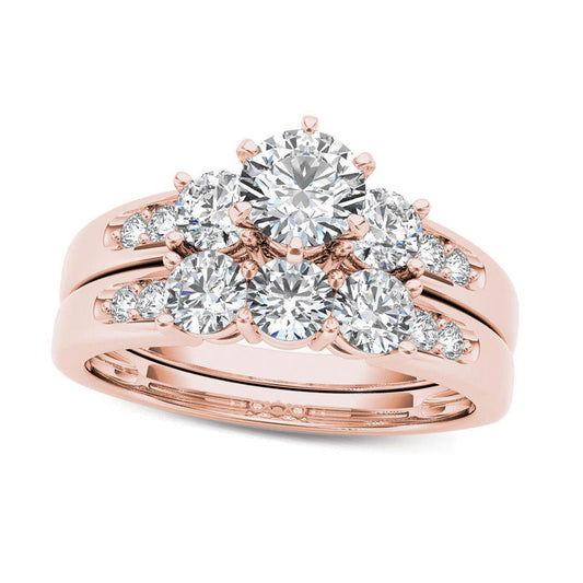 1.5 CT. T.W. Natural Diamond Three Stone Bridal Engagement Ring Set in Solid 14K Rose Gold