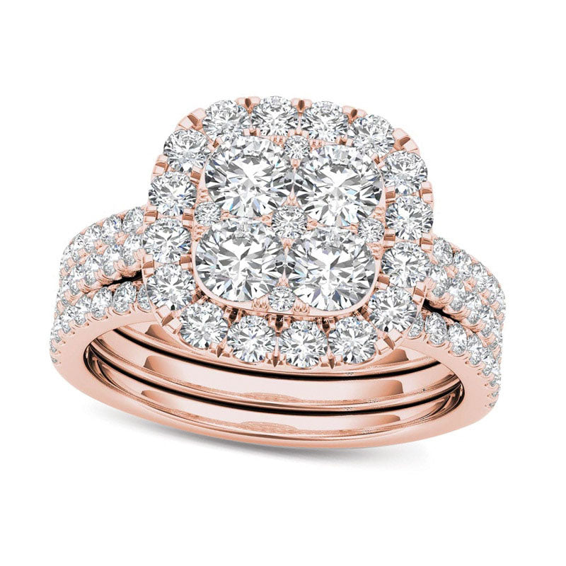 2.0 CT. T.W. Composite Natural Diamond Cushion Frame Bridal Engagement Ring Set in Solid 14K Rose Gold