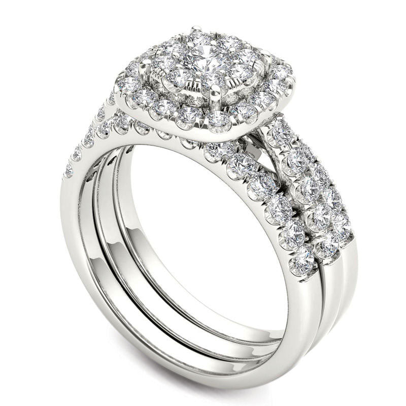 1.5 CT. T.W. Composite Natural Diamond Frame Three Piece Bridal Engagement Ring Set in Solid 14K White Gold
