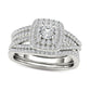 1.0 CT. T.W. Natural Diamond Cushion Double Frame Woven Three Piece Bridal Engagement Ring Set in Solid 14K White Gold