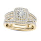 1.0 CT. T.W. Natural Diamond Cushion Double Frame Woven Three Piece Bridal Engagement Ring Set in Solid 14K Gold