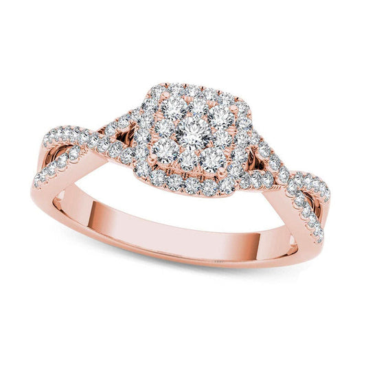 0.38 CT. T.W. Composite Natural Diamond Square Frame Crossover Engagement Ring in Solid 14K Rose Gold