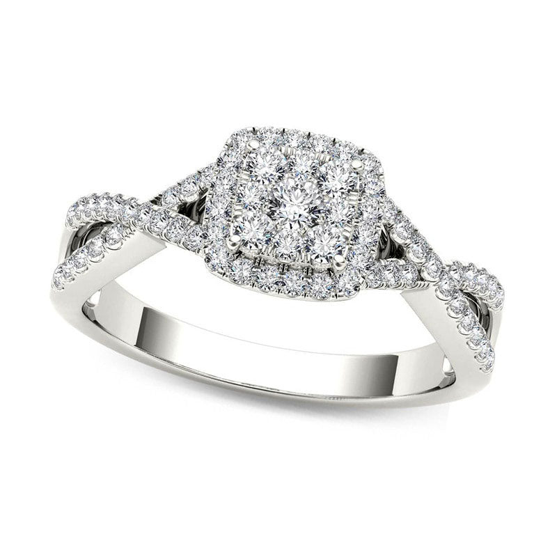 0.38 CT. T.W. Composite Natural Diamond Square Frame Crossover Engagement Ring in Solid 14K White Gold