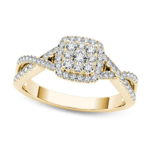 0.38 CT. T.W. Composite Natural Diamond Square Frame Crossover Engagement Ring in Solid 14K Gold