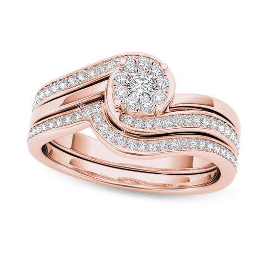 0.50 CT. T.W. Composite Natural Diamond Flower Bypass Bridal Engagement Ring Set in Solid 14K Rose Gold