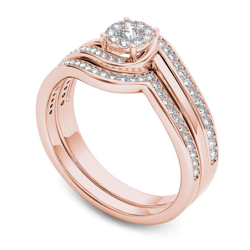 0.50 CT. T.W. Composite Natural Diamond Flower Bypass Bridal Engagement Ring Set in Solid 14K Rose Gold