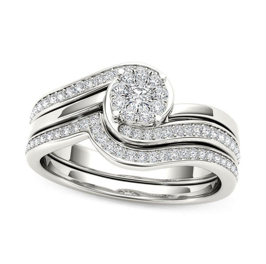 0.50 CT. T.W. Composite Natural Diamond Flower Bypass Bridal Engagement Ring Set in Solid 14K White Gold