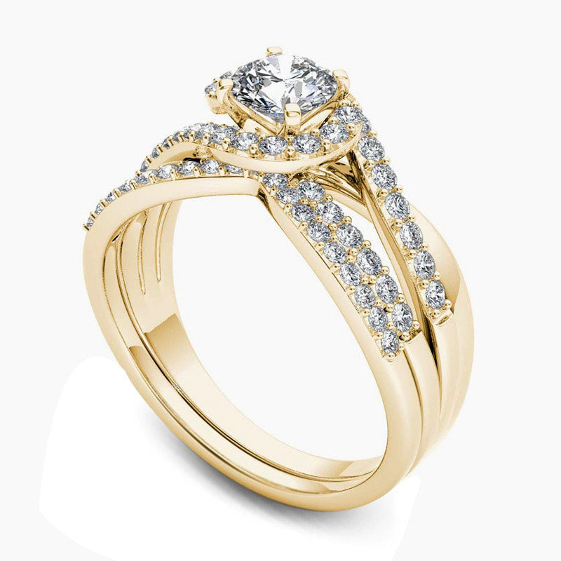 0.50 CT. T.W. Composite Natural Diamond Flower Bypass Bridal Engagement Ring Set in Solid 14K Gold