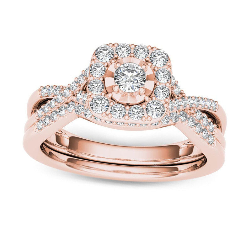 0.38 CT. T.W. Natural Diamond Cushion Frame Twist Bridal Engagement Ring Set in Solid 14K Rose Gold