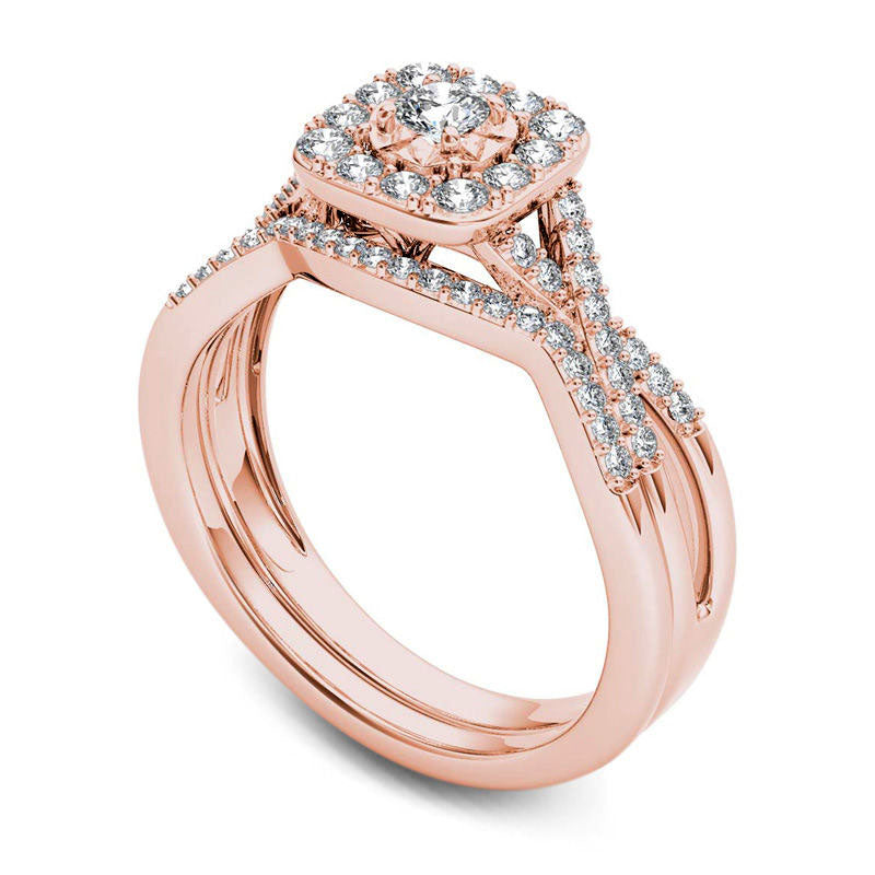 0.38 CT. T.W. Natural Diamond Cushion Frame Twist Bridal Engagement Ring Set in Solid 14K Rose Gold